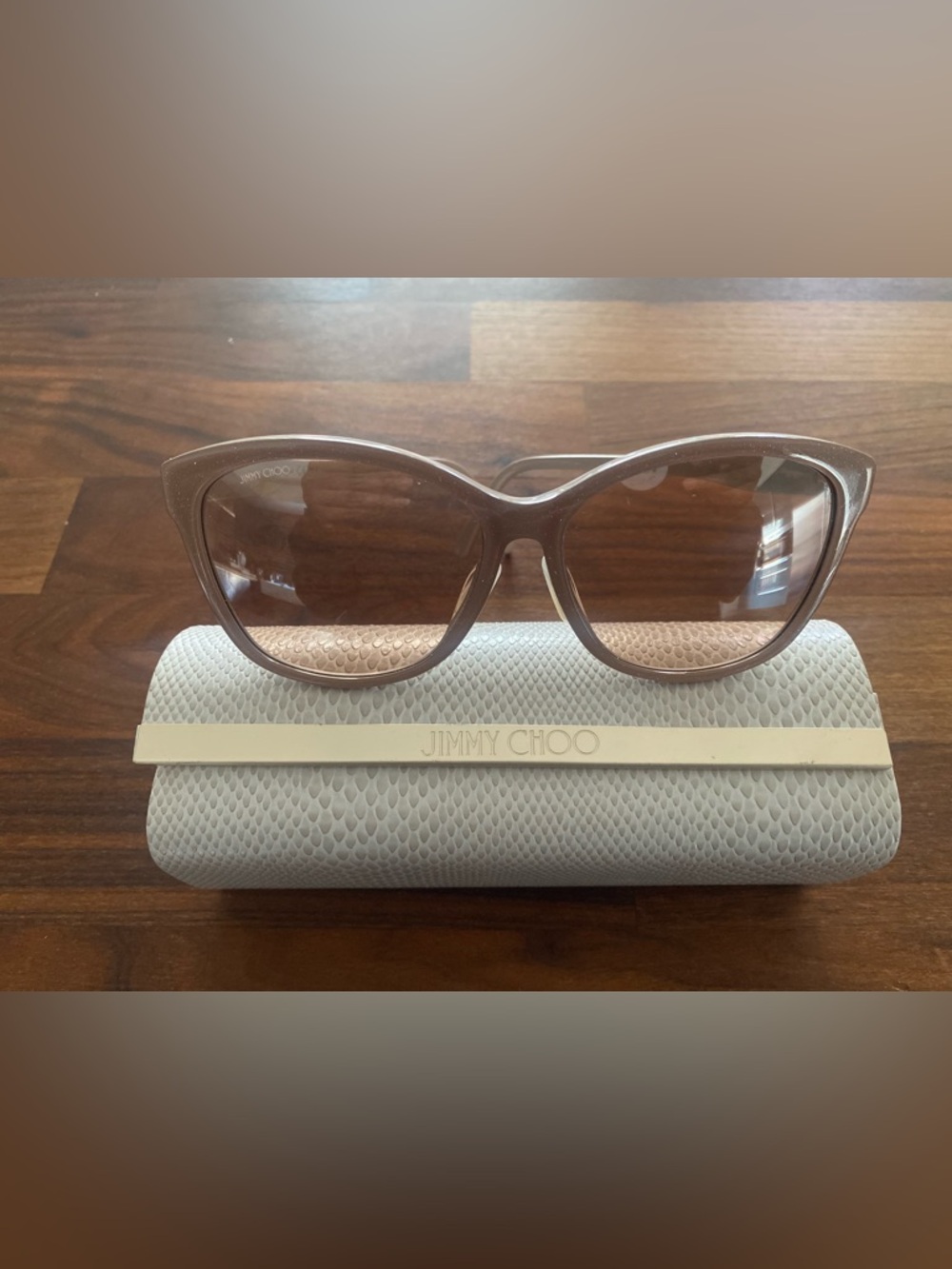 Jimmy Choo Cat Eye Sunglasses – Nude Blush Frame, Gradient Lenses, Gold Monogram